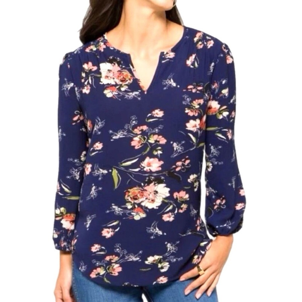New Stitch Fix Navy Blue Floral Top Split Neck 3/4 Sleeve Blouse Women’s Sz XS